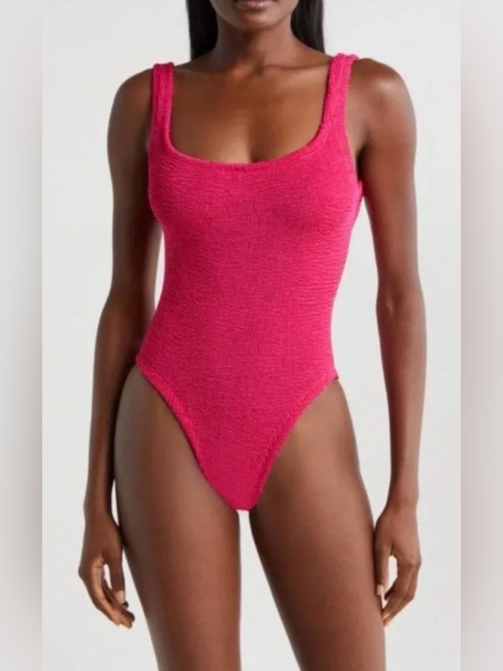 Hunza G Square Neck One Piece Crinkle Swimsuit Metallic Raspberry Fuchsia Pink